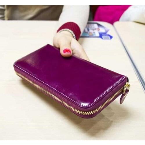 Genuine Leather Wallet Women Purse Zipper Wallet Oil Wax Leather Clutch Hot pink Purple Blue Black Red Green