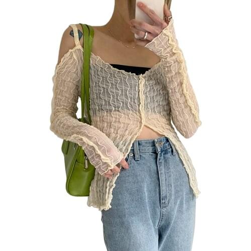 Hot Sell Women Sexy See Through Black Mesh See Through Off Shoulder Crop Top Ladies Long Sleeve O-neck Female T-Shirt