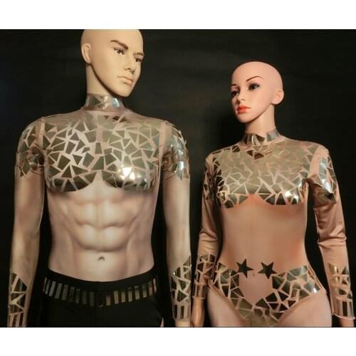 New Men Sequins Long Sleeve Printed Bodysuit Women Nightclub Female Singer Dancer DJ Stage Costumes Adults Rave Outfits DT717