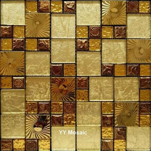 New Arrival Euro Gold Sun Foil Crystal Glass Mosaic Tiles for kitchen backsplash living room backdrop waist line Wallpaper