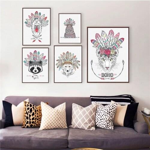 Indian Animals Art Print Poster , Aztec Animal Wolf Fox With Ethnic Feathers Canvas Painting Wall Pictures Native Home Decor