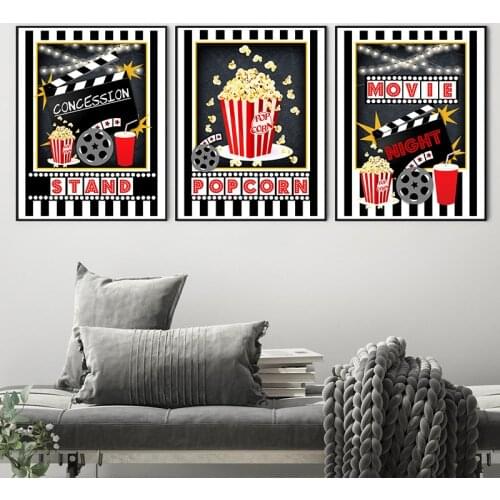 Movie Night Party Logo Posters Home Theater Wall Decorative Pictures Popcorn Film Sign Canvas Painting Cinema Art Prints Decor