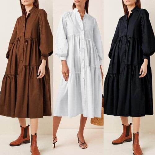 Stylish Elegant Office Ladies Dress ZANZEA Autumn Women Long Puff Sleeve Long Shirt Vestido Solid Patchwork Sundress Femme Robe7