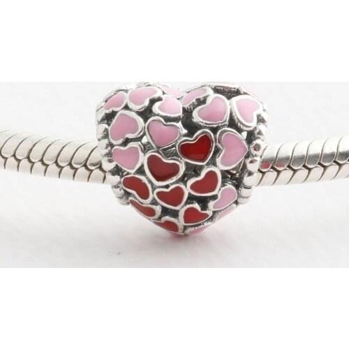 S925 Silver Beads Charmsfit Lady Bracelets & Bangles Burst of Love Charm Mixed Enamel Red Heart Valentine DIY