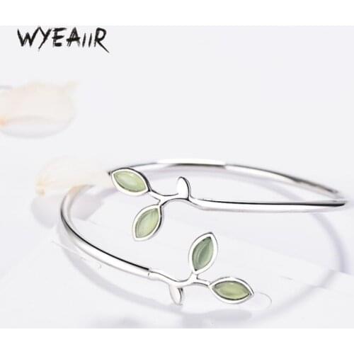 WYEAIIR Spring Fresh Leaves Branches Literary Sweet Cute Opal 925 Sterling Silver Female Resizable Bangles