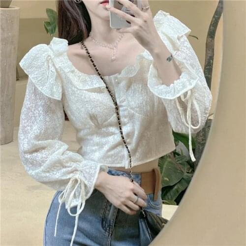 Womens Long-Sleeved Lace Chiffon Shirt Spring Autumn Short Shirt Top Blouse Women Blusas Ropa De Mujer