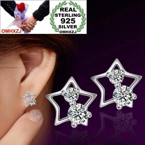 OMHXZJ Wholesale Personality Fashion joker Kpop For Woman Wedding Gift Pentagram Zircon 925 Sterling Silver Stud Earrings YS325