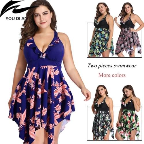 Women Swimsuit Plussize Swimwear Two Pieces Larges Size Swim Suits With Pants Floral Printed Beachwear Bathing Wear