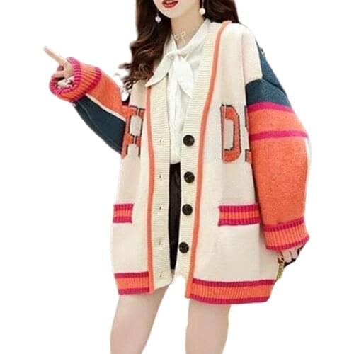 Letter jacquard Women Sweater Cardigans Autumn Casual Single Breasted Knitted Sweater Long Sleeve Loose Female Sweater