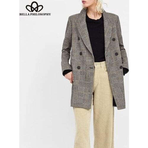 Bella Philosophy Winte Double Breasted Warm Retro Coat Long Sleeve Casual Women Plaid Coat Vintage Loose Lady Outwears