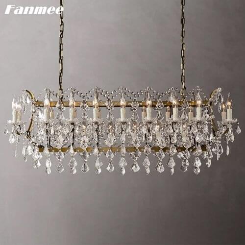 19th C. Rococo Iron & Crystal Chandelier Lighting Rereo Rectangular Pendant Hanging Lamp Brass Finish Indoor Living Room Light
