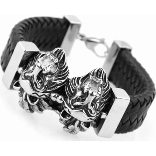 20mm Heavy Mens Stainless Steel Silver Color Double Lion Head Biker Jewelry Black Braided Leather Wristband 8.66" High Quality
