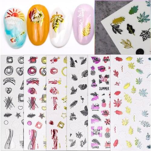 1pc Gold Black Tropical Plants 3D Nail Decals Stickers Leaves Flower Geometrics Line Slider For Nails Summer Nail Art Decoration