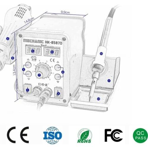 8 Sets Mechanic HK-8587D Advanced 2-in-1 Lead-free SMD Soldering Station LED Digital Solder Iron Hot Air GUN Blowser