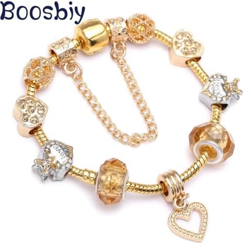 Boosbiy Hot Sale Heart Charm Bracelets & Bangles Gold Color Jewelry For Women Fit Crystal Fine Bracelet Jewelry Pulseras
