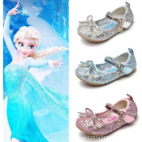 Disney Princess Kids Leather Sandals for Girls Bow Casual Shoes Glitter Children High Heel Girls Elsa Sandals Butterfly Knot