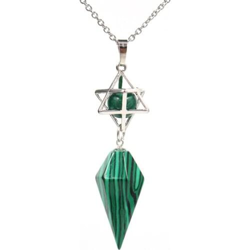 FYSL Silver Plated Star Point Merkaba Malachite Stone Pendant Link Chain Necklace Green Aventurine Jewelry