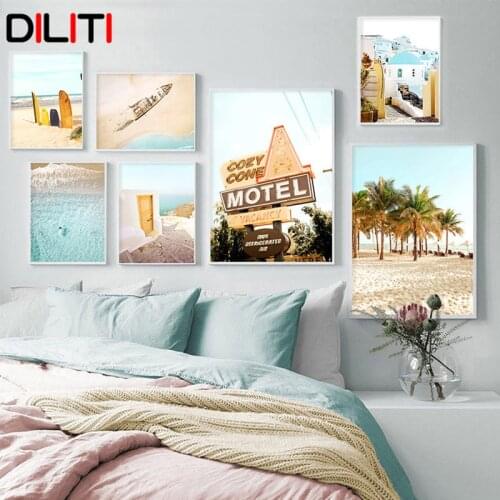 Summer Vacation Beach Sea Canvas Painting Palm Surfboard Boat House Wall Art Picture Nordic Posters and Prints for Living Room