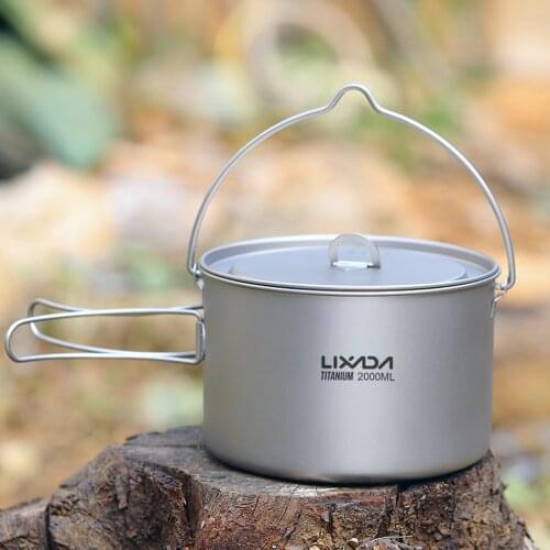 Lixada 2021 New Outdoor Camping Cooking Pot Titanium Pot Lightweight with Foldable Handles and Lid for Camping Hiking Picnic 2L