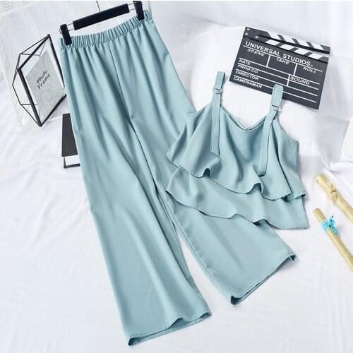Korobov Korean Summer Women Suits Solid Chiffon Vest and High Wasit Wide Lag Pants 2 Pieces Sets
