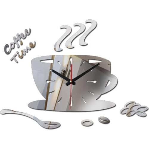Fashion home decoration 3d acrylic mirror wall clocks modern living room still life wall clock quartz needle watch coffee cup