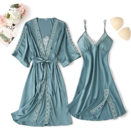 2PCS Robe Set Ladies Kimono Gown Silky Satin Nightdress Sleepwear Sexy Backless Nightgown Homewear Oversizes Intimate Lingerie
