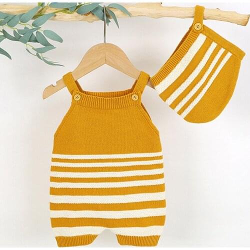 Baby Clothes Infant Knitted Romper Baby Boy Girl Clothes Spring Autumn stripe Knit Sleeveless Suspender Jumpsuit+Hat 2PCS Set