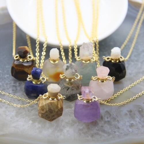 Natural Stones Cut Faceted Quartz Perfume Bottle Pendant Healing Crystal Essential Oil Diffuser Necklace Jewelry For Women Gift