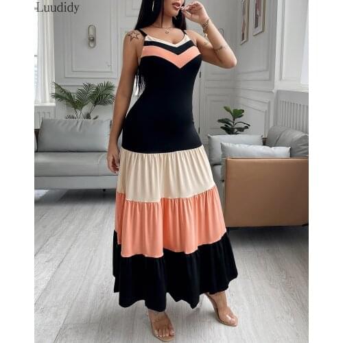 Spaghetti Strap Colorblock Ruched Ruffles Maxi Dress