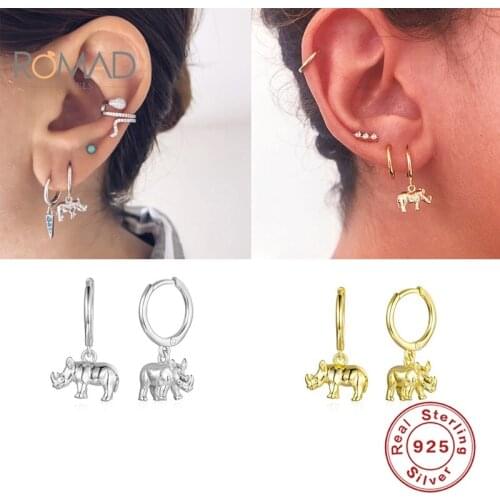 ROMAD Small Animal Shape Pendant Earrings For Women 925 Sterling Silver Rhinoceros Hoops Earrings Gold Jewelry Bijoux Femme
