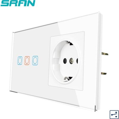 SRAN Touch Sensor Switch With Socket Glass Panel 153*82mm 220V 16A Cross Switch,Pass Through Control 3Gang 2way Touch Switch