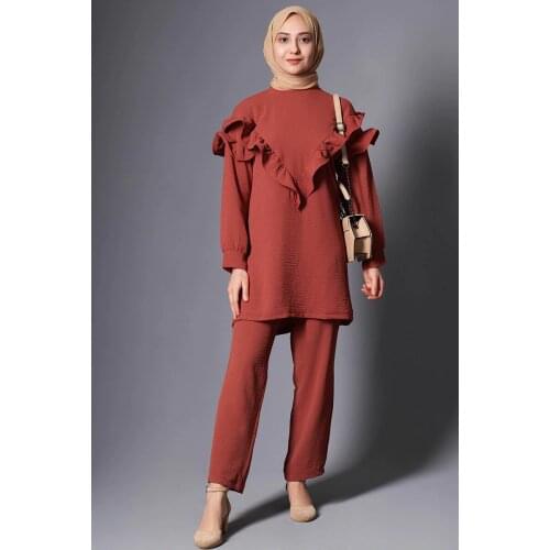 Önü V Fırfırlı Kiremit Tesettür İkili Takım Kiremit