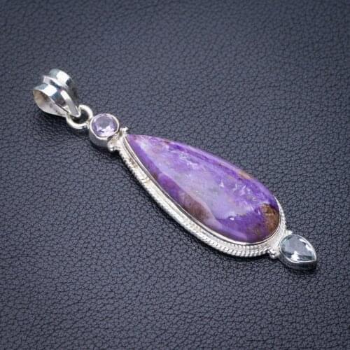 StarGems Natural Charoite,Amethyst And Blue Topaz Handmade 925 Sterling Silver Pendant 2.5" E0389
