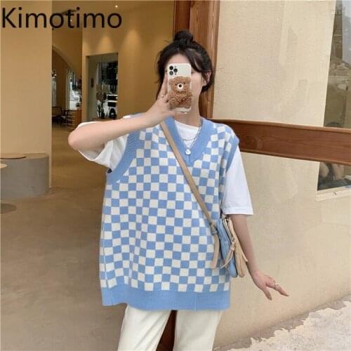 Kimotimo Vintage Plaid Knitted Vest Women Autumn Loose V-neck Outwear Waistcoat Korean Fashion Ins Checkerboard Sweater Vests