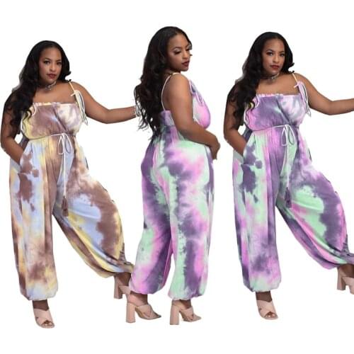 ZKYZWX Knitted Spaghetti Strap Loose Jumpsuit Tie Dye Plus Size Women Clothing Sexy Birthday Outfits One Piece Clubwear Rompers