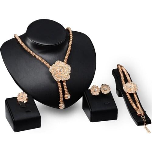 4pcs Of Fashion Jewelry Set Yellow Gold Filled Necklace+Earrings+Bracelet+Ring Jewelry Set