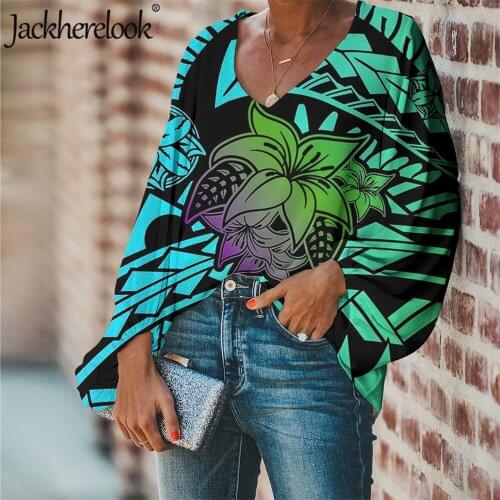 Jackherelook Large Size Ladies Top Shirt Gradient Polynesian Tribal Tattoo Floral Design Sexy V-neck Lantern Sleeve Blouse Mujer