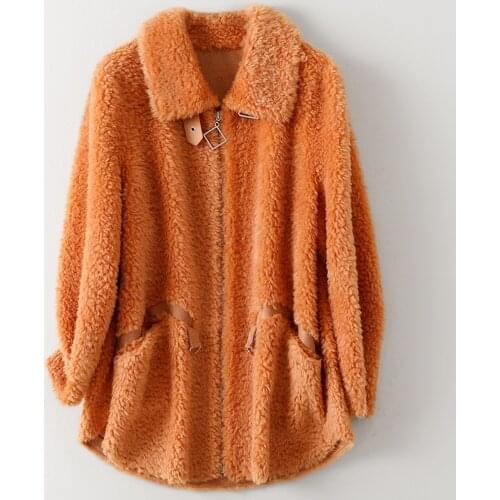 Fashion Wool Sheep Shearer Coat for Women Autumn Winter Fashion New Fur Jacket Casual Medium Length Orange Loose Outwear