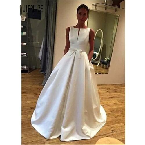 JIERUIZE Wedding Dress A Line Jewel Neck Bridal Dresses Lace Up Back With Bow Sash Vestidos De Novia Stain Wedding Gowns