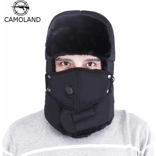 CAMOLAND Unisex Winter Bomber Hat Russia Ushanka Trapper Cap With Scarf Anti-haze Mens Faux Fur Earflap Snow Ski Hats
