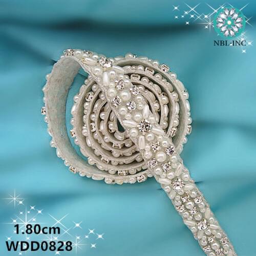 5 yards )Wholesale bridal hand beaded sewing crystal rhinestone pearl applique trim iron on for wedding dresses belt WDD0828