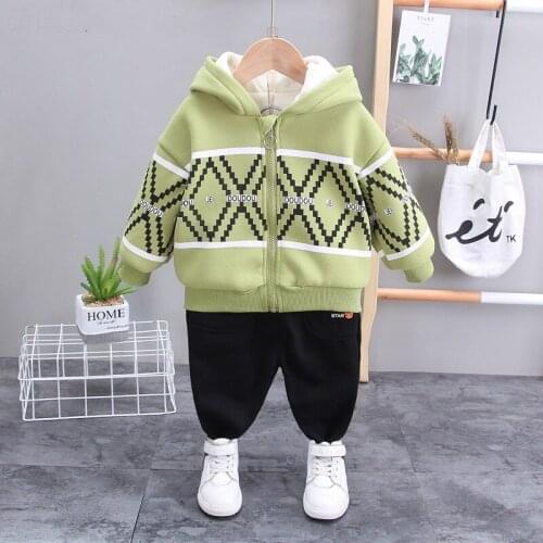 Velvet Warm Jacket Geometry Zipper Top with Pants Toddler Infant Kids Clothing Spring Fall Winter Unisex Boys Girls Clothes Set