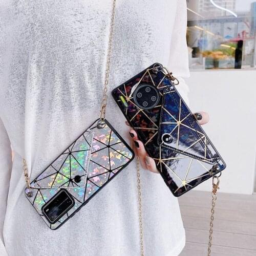 Credit Card Slot Wallet Case Crossbody Shoulder Strap Chain For Huawei P40 Pro P30 Mate 30 Pro Luxury Laser Pouch Purse Cover