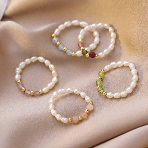 Energy Crystal Tourmalines Quartz Finger Rings Small Pearls Beaded Knuckle Rings Elegant Natural Freshwater Pearl Rings Women