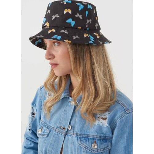 Brand New 2021 Woman Bucket Hat New Fashion Black Blue Butterfly Pattern Bucket Hats Fisherman Bob Caps Summer Beach Accessories