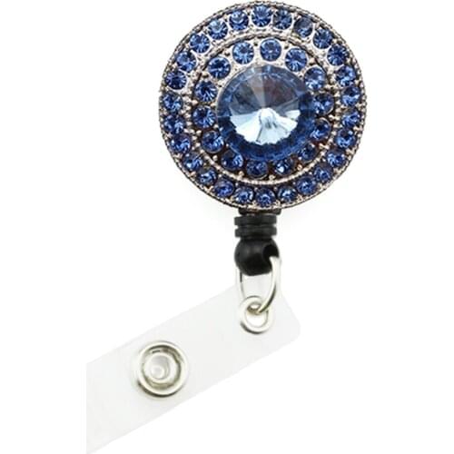 Blue Rhinestone Round Button Retractable Badge Reel Student Nurse Exihibiton Pull Key ID Name Card lanyards Badge Clip