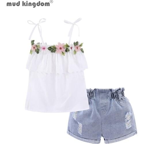 Mudkingdom Girls Outfits Cute Flower Ruffle Camisole Denim Ripped Summer Shorts Set