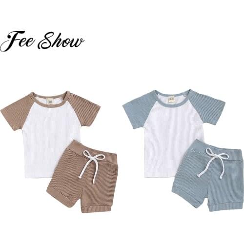 Baby Boys Girls Clothes Sets Toddler Kids Short Sleeve Solid Color Ribbed Top T Shirt Shorts Baby Clothing Tracksuits Outfits