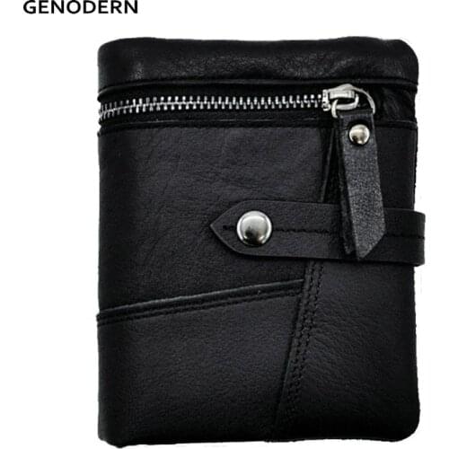 GENODERN Short Wallet with Zipper Coin Pocket for Men Black Brown Vertical Genuine Leather Male Wallet Cowhide MalePurse Wallets