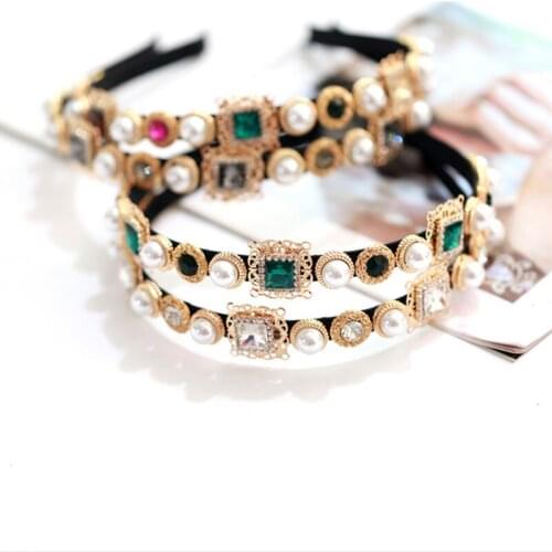 New Hairband Crystal pearl Baroque Headband Gold Metal Green Gem Crown Tiara Hairwear For Women Wedding Hair Jewelry Gift
